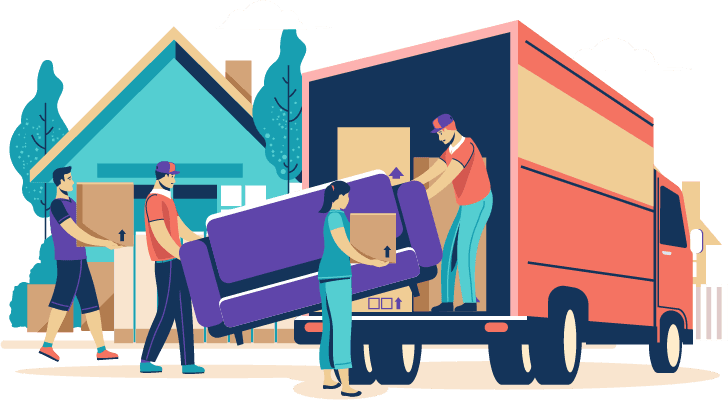 Movers loading a truck with furniture and boxes